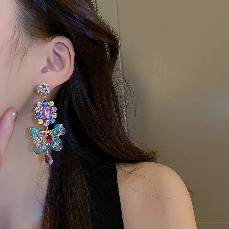 Rhinestones Asymmetric Artificial Crystal Flower Round Light Luxury Water Drop Dangle Earrings Bohemian Fashion Design Earring