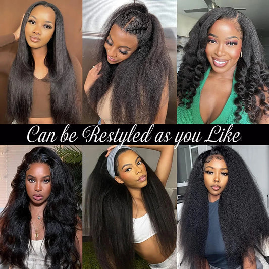 26inch Kinky Straight Human hair Wig 13X6 Transparent Lace Front Wigs Yaki Straight 180% Density Natural Black
