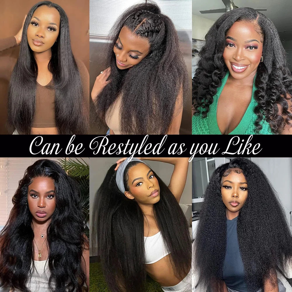 Kinky Straight Human hair Wig 13X6 Transparent Lace Front Wigs Yaki Straight 180% Density Natural Black