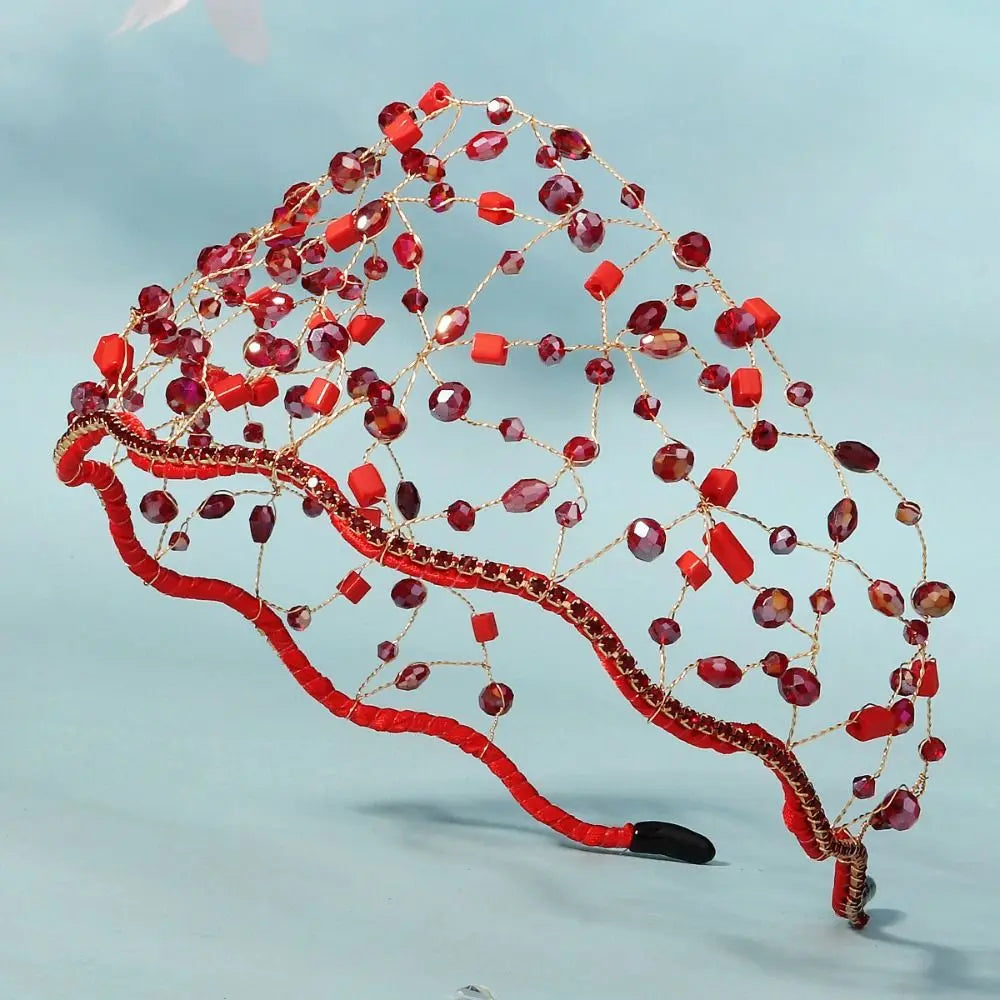 Handmade Crystal Beads Hair Net Crown Wedding Headpieces Hair Jewelry Sparkling Rhinestone Tiara Hair Hoop Elegant Headbands