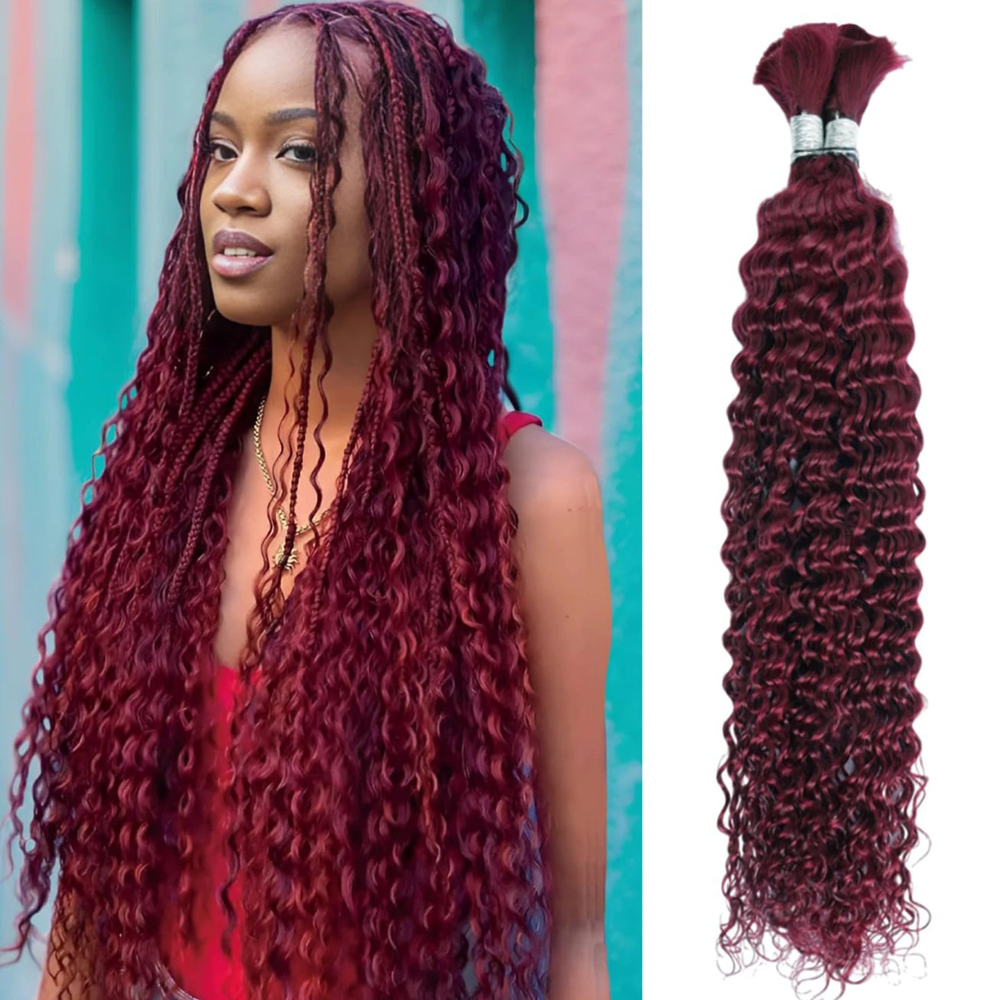 #99j Burgundy Human Hair Bulk for Braiding 16-24 inch Dark Wine Deep Wave Jerry Curly Boho Braids Hair Bulk Extension Bobbi Hair