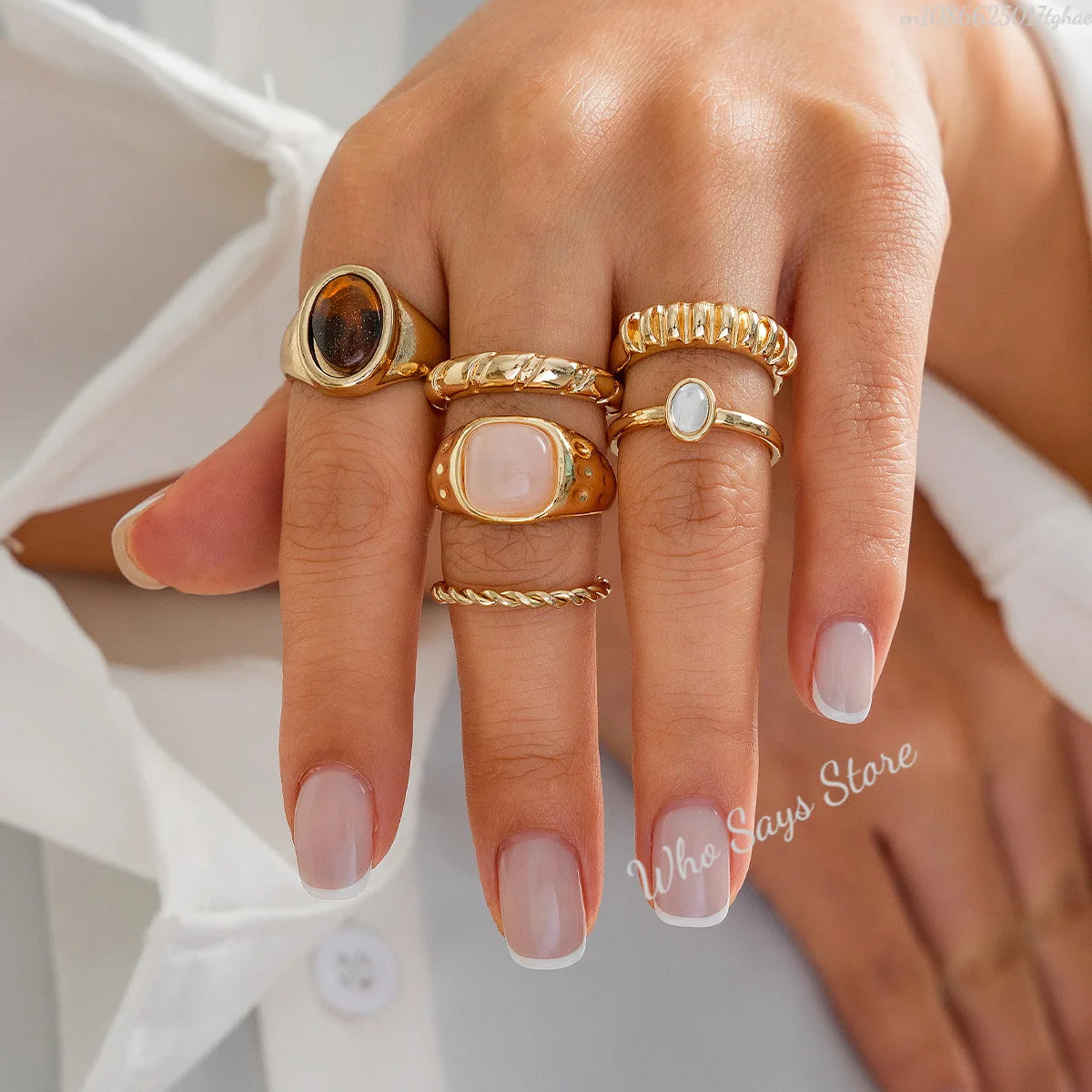 6pcs/set Tide Individuality Retro Geometric Hollowing Inlay Gem Rings SetLiquid State Metal Four-Piece Rings Set Paty Jewelry