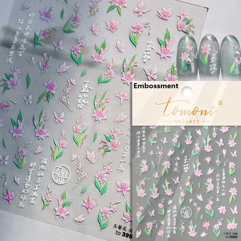 Yellow Autumn Osmanthus Flower Chrysanthemum Butterfly 5D Nail Art Sticker Chinese Character Vase Relief Adhesive Manicure Decal