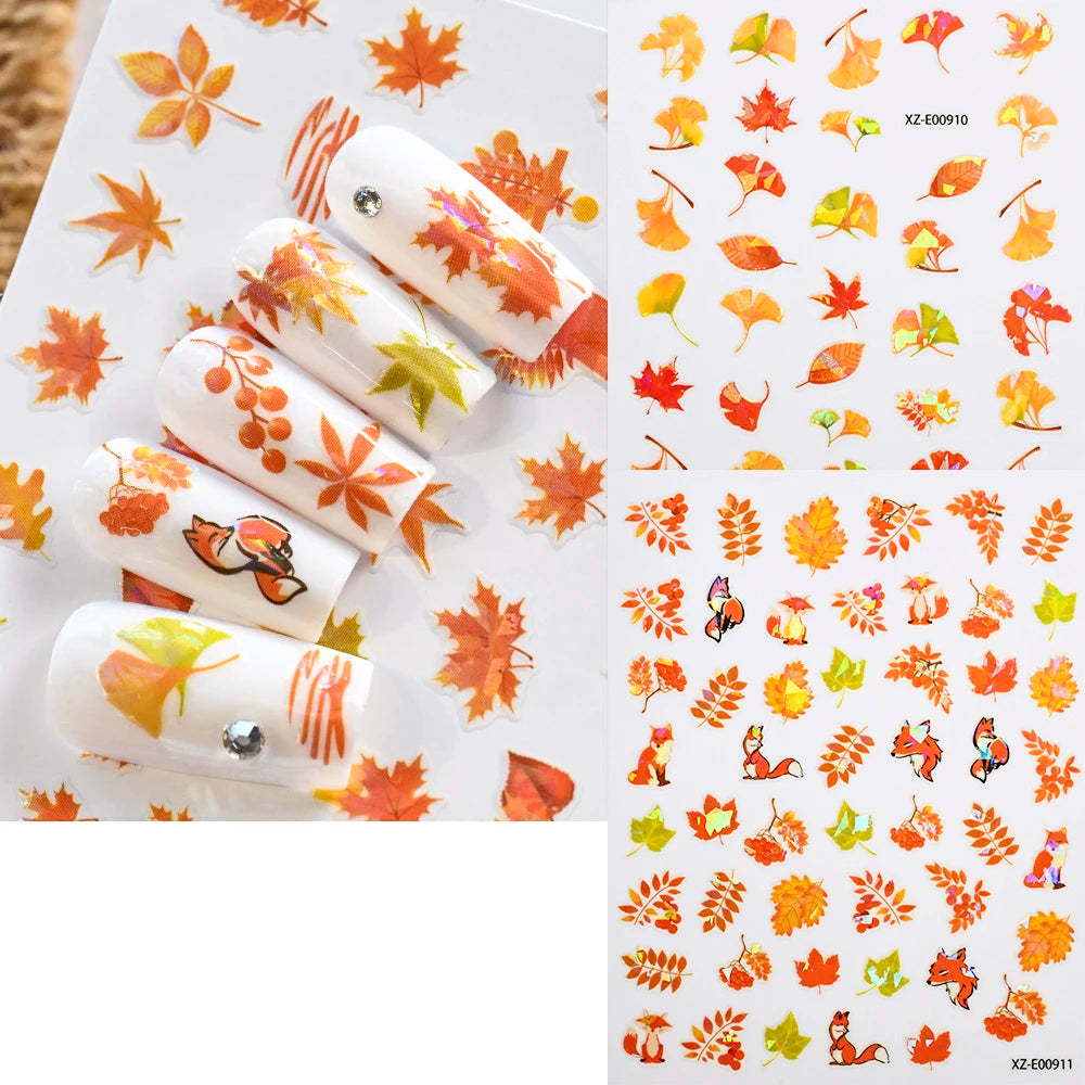 12Pcs Fall Maple Leaf Nail Decals Holographic Laser Maple Leaves Nail Art Sticker Self-Adhesive Thanksgiving Day Nail Decoration