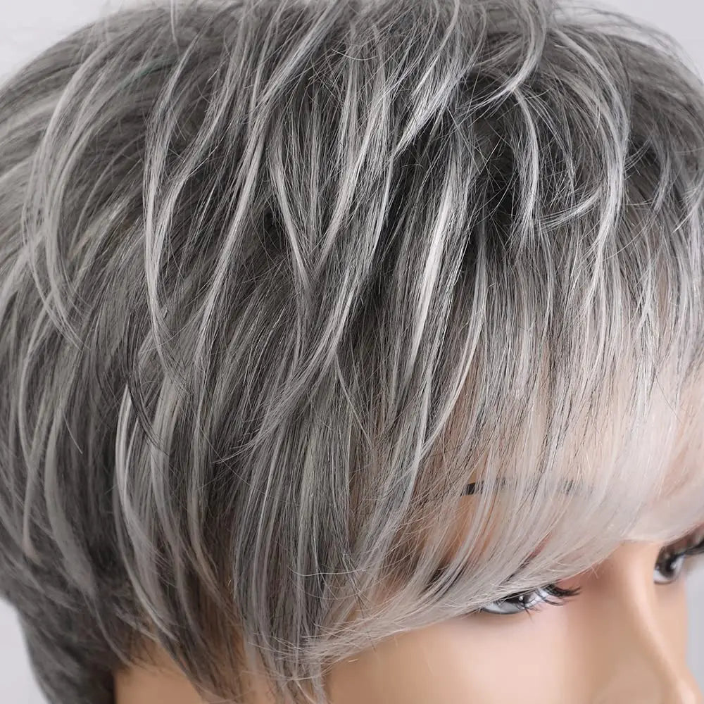 Short Pixie Cut Silvery Gray Blend Hair Wigs for Women with Bangs Ash Natural Straight Layered Human Hair Mixed Synthetic Fiber