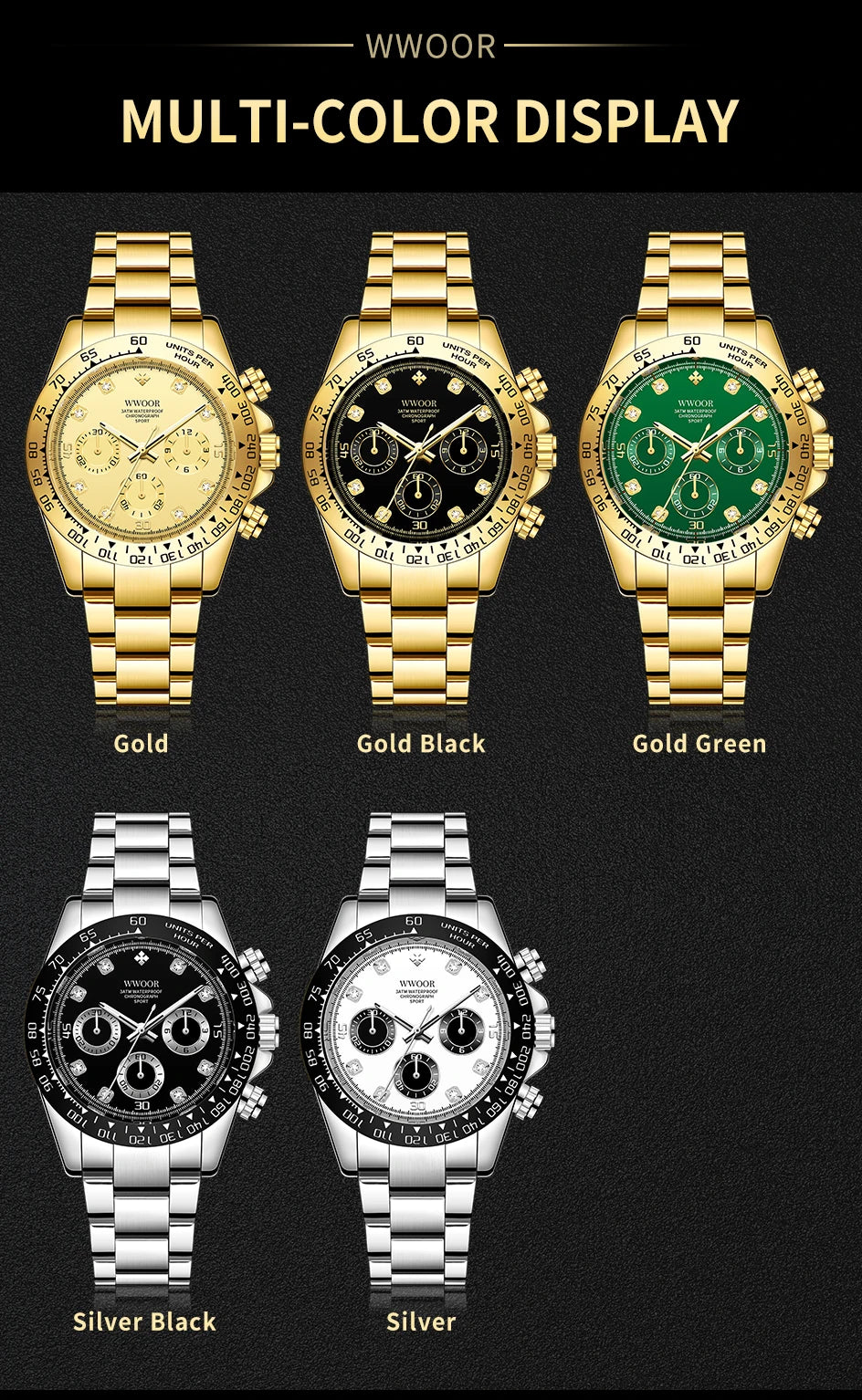 WWOOR 2024 New Mens Watches Top Brand Quartz Japanese Chronograph Stopwatch Waterproof Stainless Wristwatches Relogio Masculino