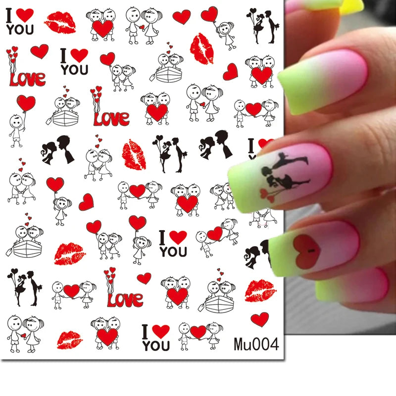 3d Pink Hearts Balloon Valentine Day Love Letters Nail Art Stickers Adhesive Sliders Nail Decals Decoration Manicure Accessories