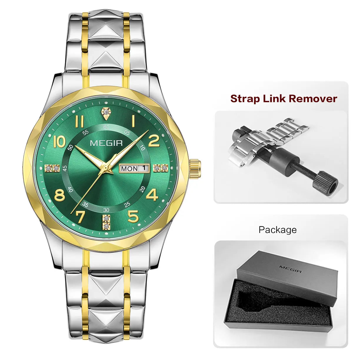 MEGIR Elegant Simple Style Men Quartz Watch with Date Day Display Fashion Stainless Steel Strap Alloy Case Ladies Wristwatch