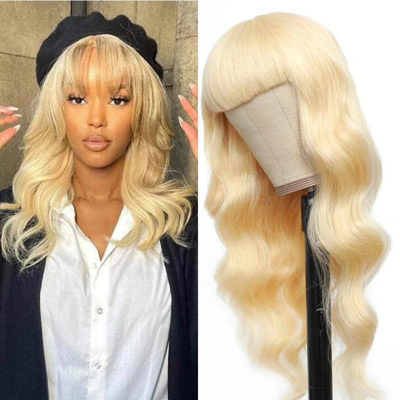 Blonde Human Hair Wig with Bangs 613# Full Machine Straight Human Hair Wigs Glueless Human Wigs Fringe Wigs For Woman HairUGo