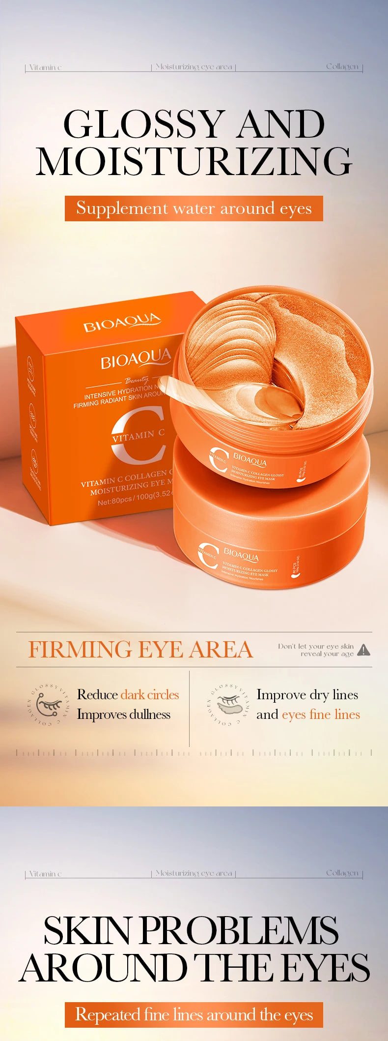 80pcs BIOAQUA Vitamin C Crystal Collagen Eye Mask Anti Dark Circles Whitening Anti-Wrinkles Moisturizing Anti-Aging Eye Patches