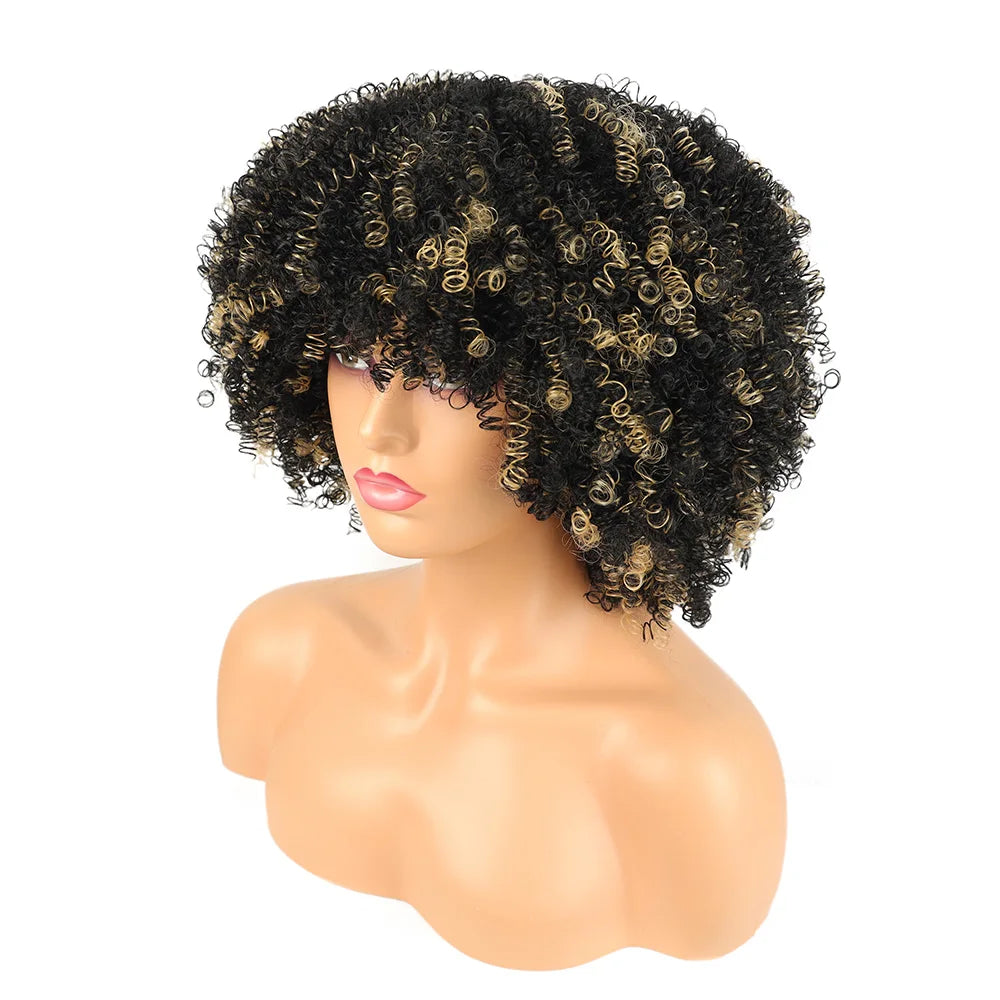 Short Afro Curly Wig with Bangs - Synthetic Natural Curly for Women