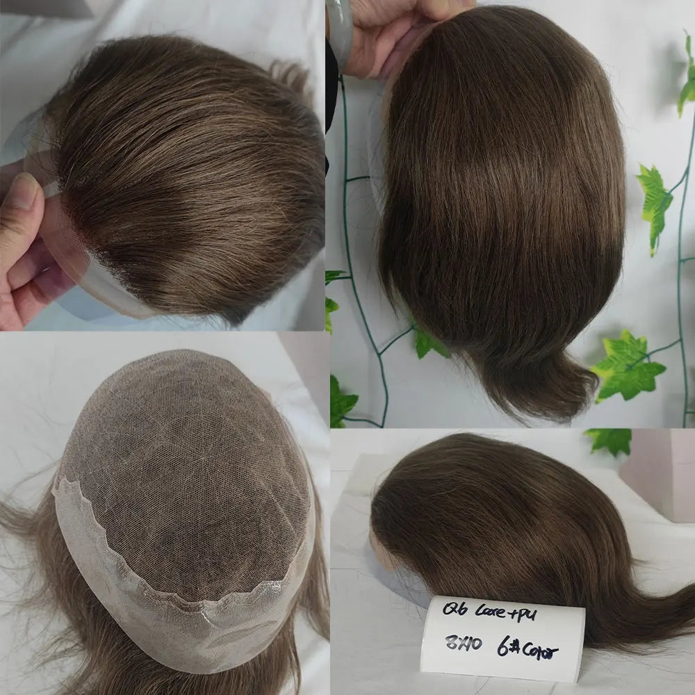 Human Hair Men Toupee Franch Lace Man's Hair Replacement System Wigs Mono Lace Hairpiece With PU Natural Black Color