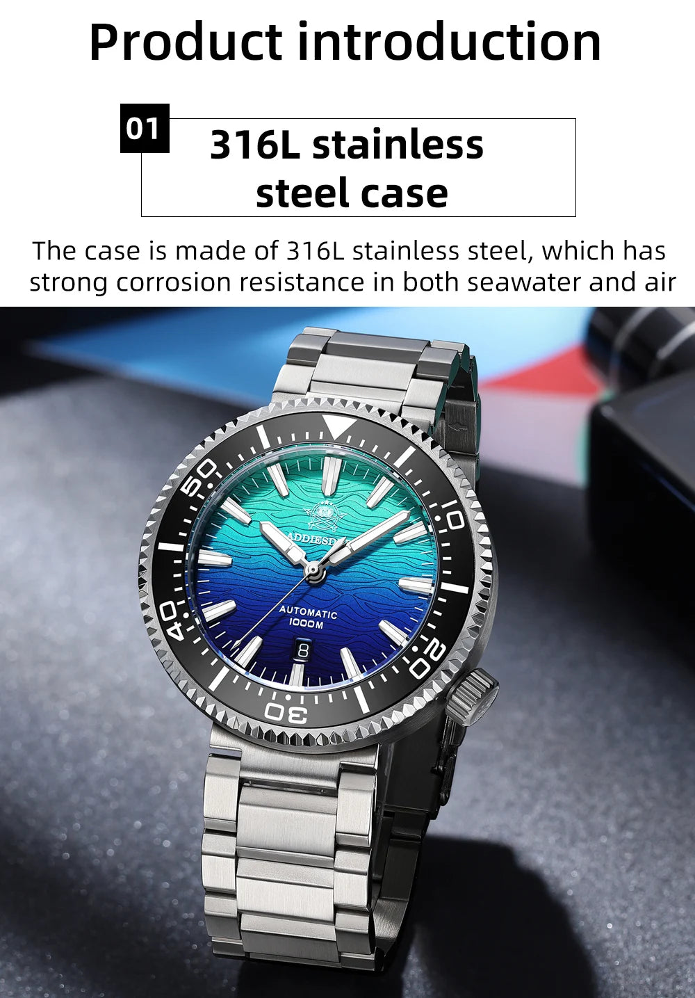 ADDIESDIVE AD2526 Automatic Mechanical Dive Watch Japan 8215 1000M Water Resistant Sapphire Double Dome Ceramic Bezel BGW9