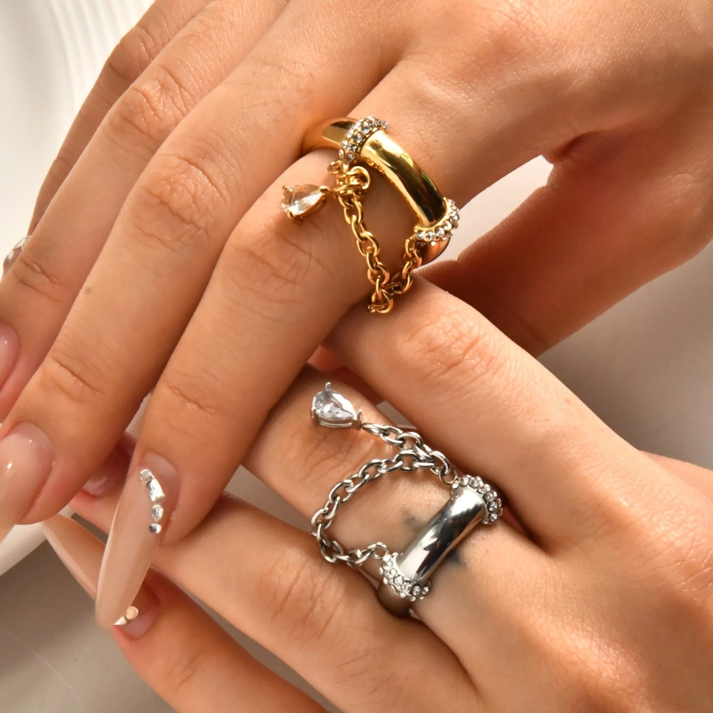 Stainless Steel 18k Gold Plated Tassel Drop Zircon Pendant Cz Stone Rings for Women Boho Luxury Tarnish Free Waterproof Jewelry