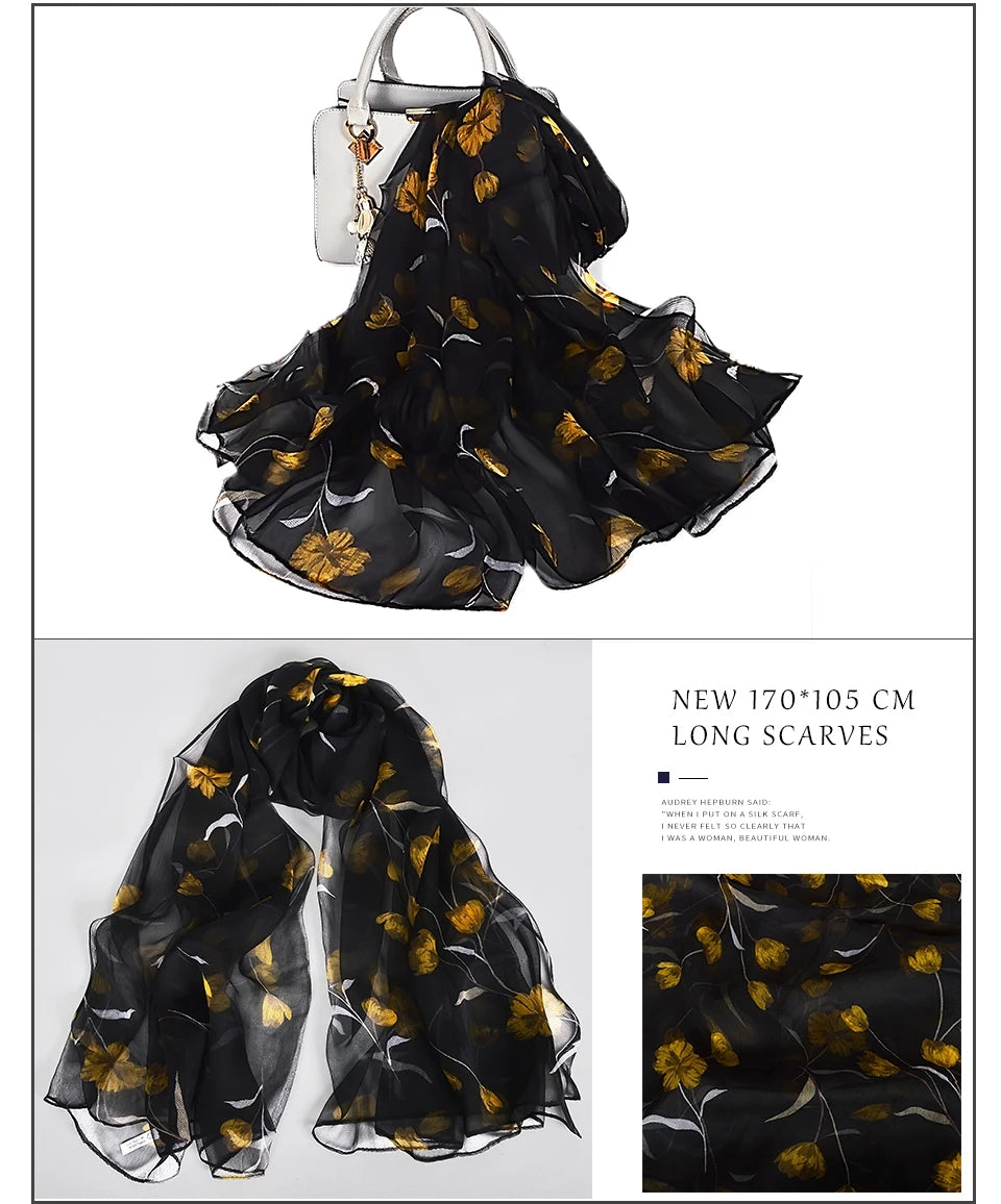 [BYSIFA] Red Black Women Long Silk Scarf Printed 170*105cm Fashion Leaves Pattern Brand 100% Pure Silk Shawl For Spring Autumn