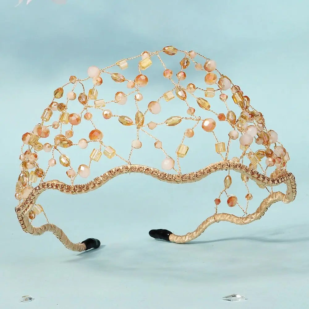 Handmade Crystal Beads Hair Net Crown Wedding Headpieces Hair Jewelry Sparkling Rhinestone Tiara Hair Hoop Elegant Headbands