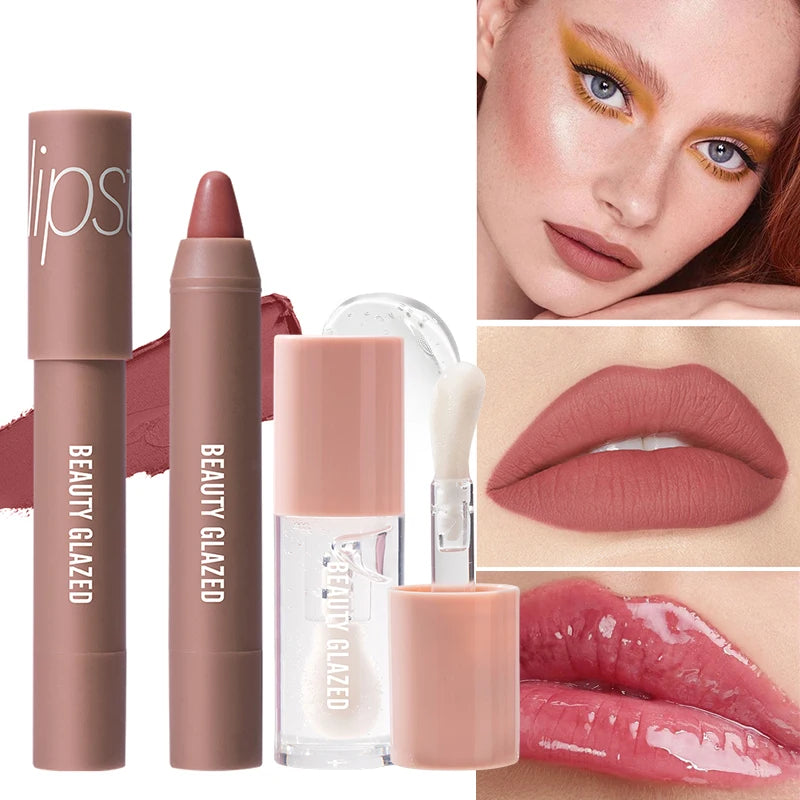 BEAUTY GLAZED 2pcs Lip Makeup Set,Matte Lipstick + Moisturizing Lip Oil,Nude Lipstick Matte Lipstick: Hydrate, Nourish, Brighten