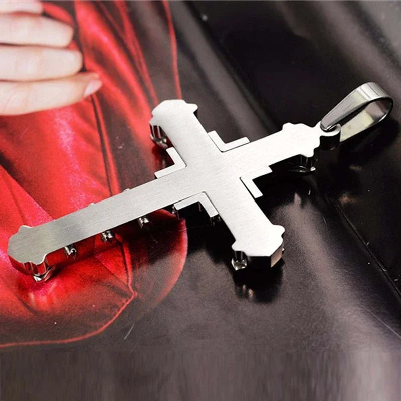 2024 New Male Crystal Cross Jesus Pendant Gold/Black/Blue Color Zirconia Cross Pendant Necklace Stainless Steel Jewelry