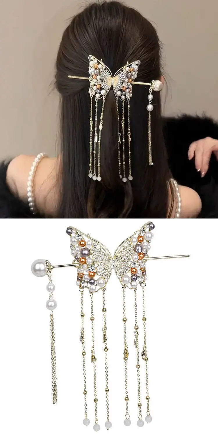 Luxury Pearl Butterfly Hairpin - Colored Alloy Hair Clip with Tassels