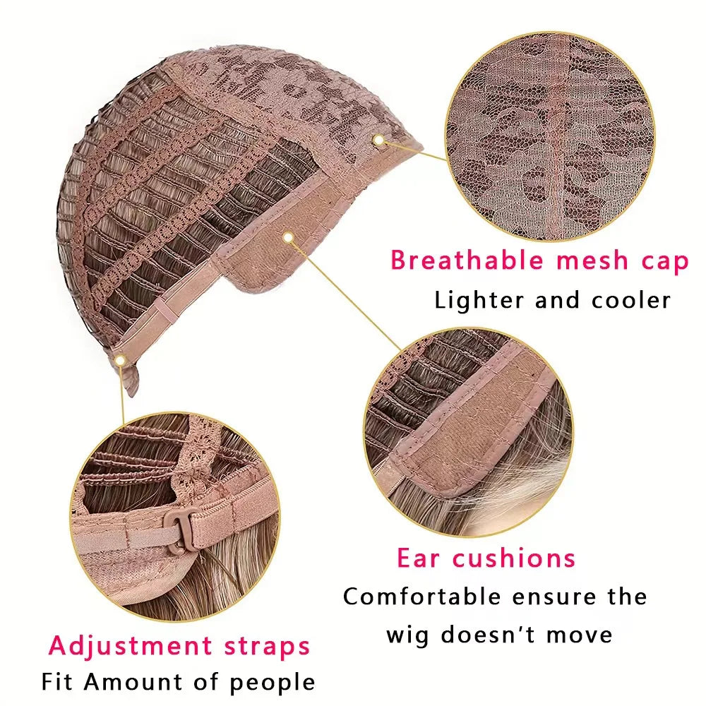 Short Synthetic Wig for Women Mixed Brown And Blonde Hair with Bangs Easy Care Non-Damaging Hairpiece