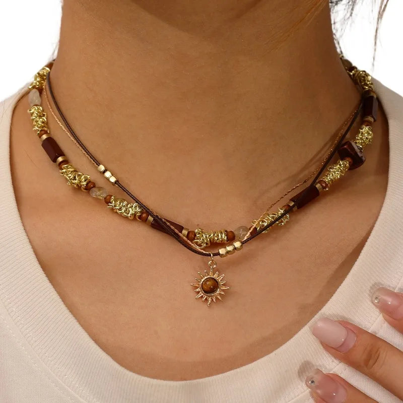 Bohemian Sun Star Zircon Necklace for Women Vintage Leather Necklace Double Layered Pendant Chain Choker Fashion Gem Jewelry