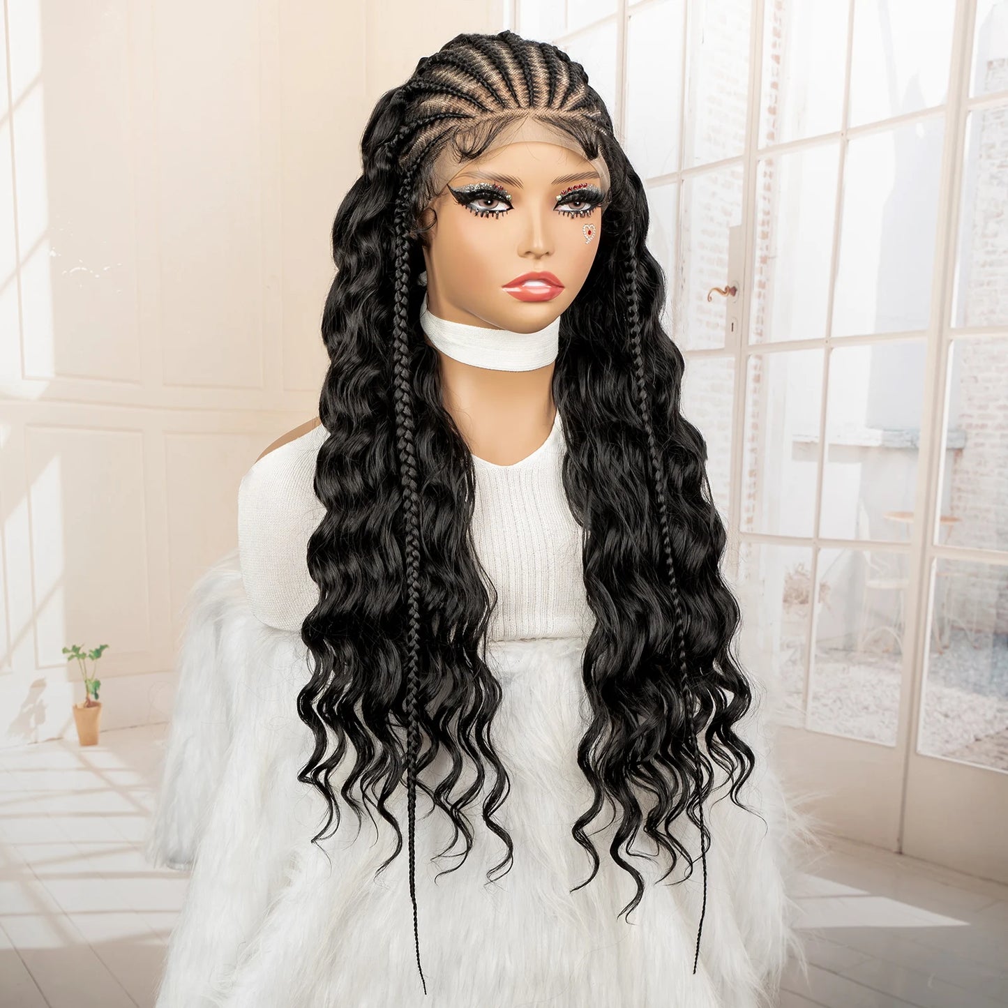 Synthetic Black Hair Wig with Braids for Women 28 Inch Wavy Natural Looking Synthetic Heat Resistant Fiber Wig for Daily Use