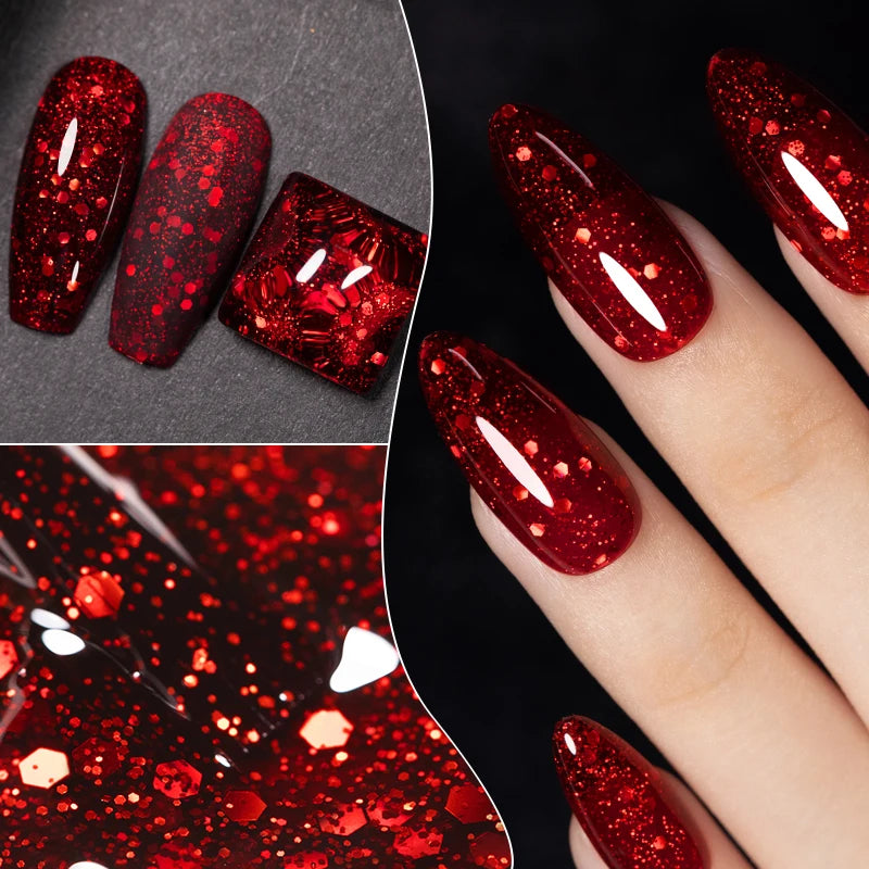 7.5ml Red Glitter Gel Nail Polish Crystal Semi Permanent Soak Off UV Gel Varnish Nail Art Manicure Base Matte Top Coat Vernis