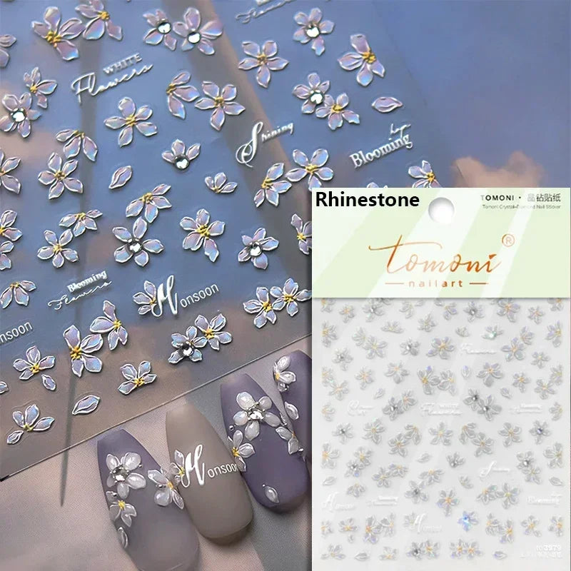 Yellow Autumn Osmanthus Flower Chrysanthemum Butterfly 5D Nail Art Sticker Chinese Character Vase Relief Adhesive Manicure Decal