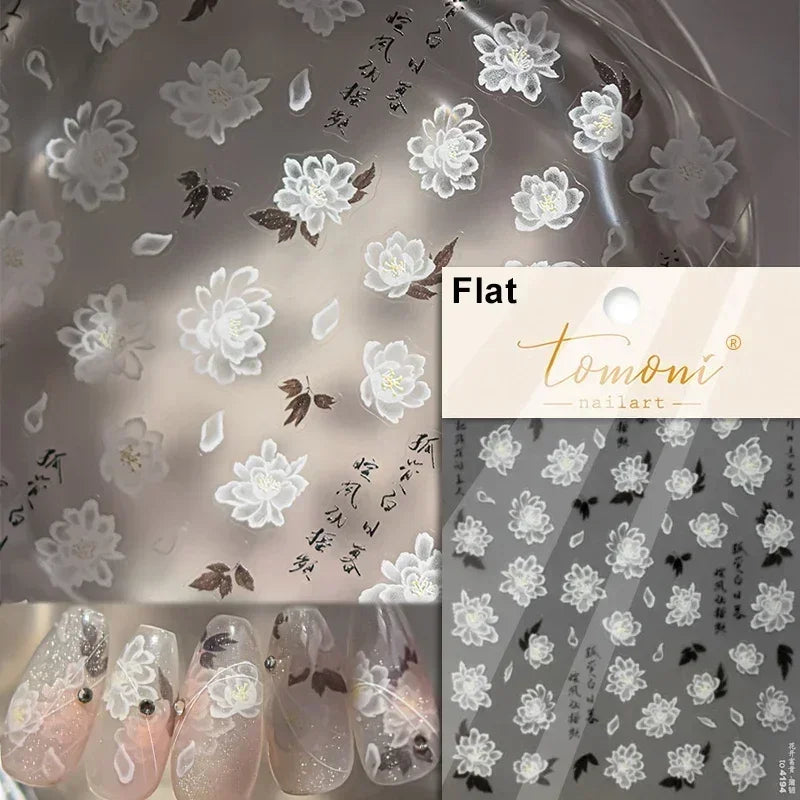 Yellow Autumn Osmanthus Flower Chrysanthemum Butterfly 5D Nail Art Sticker Chinese Character Vase Relief Adhesive Manicure Decal