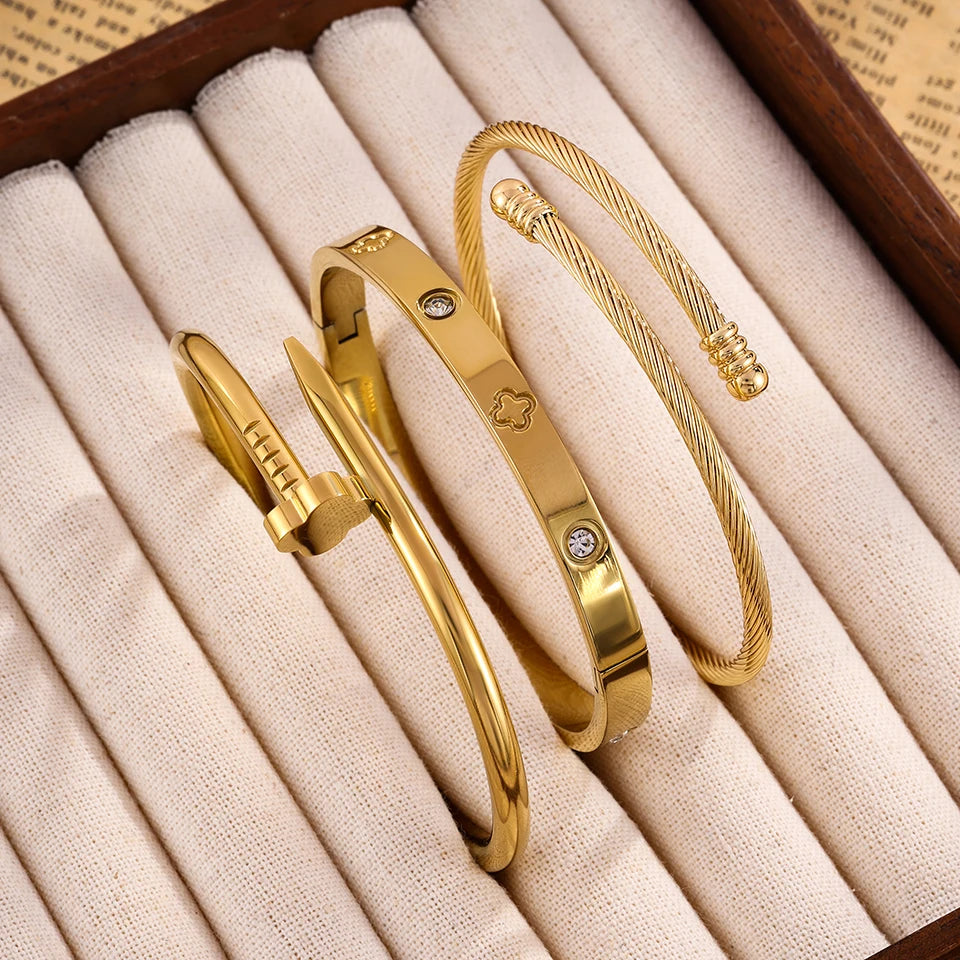 Yupsk New Creative Four-leaf Flower Series Stainless Steel Bracelets Set for Women Versatile Stackable Jewelry Couple Gift