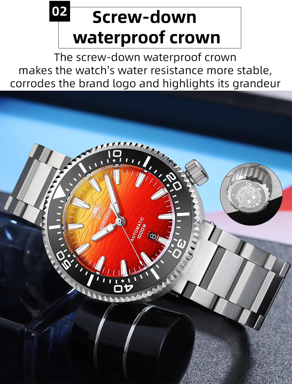 ADDIESDIVE AD2526 Automatic Mechanical Dive Watch Japan 8215 1000M Water Resistant Sapphire Double Dome Ceramic Bezel BGW9