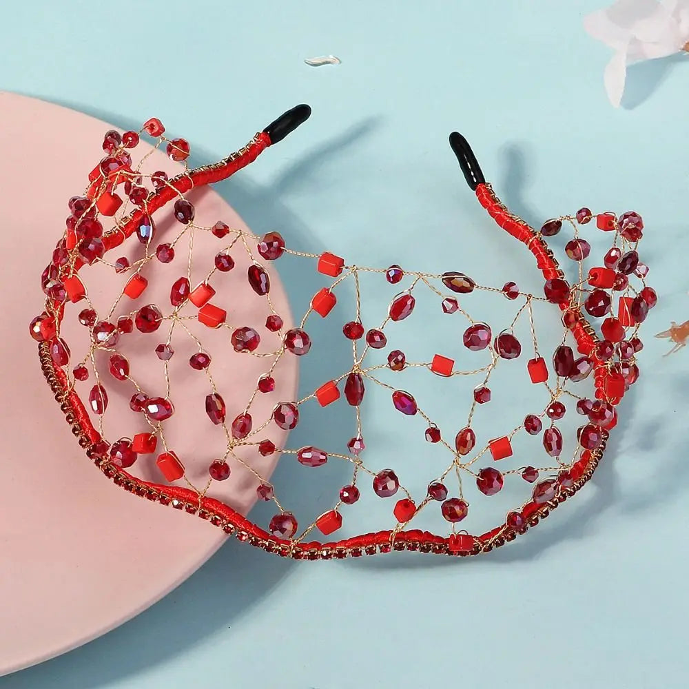 Handmade Crystal Beads Hair Net Crown Wedding Headpieces Hair Jewelry Sparkling Rhinestone Tiara Hair Hoop Elegant Headbands