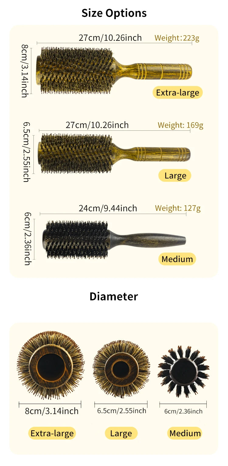 Professional High Quality 63 mm Boar Bristle Hair Wood Round Brush Long Hair Styling Comb Curly And Straight Hairdressing Comb