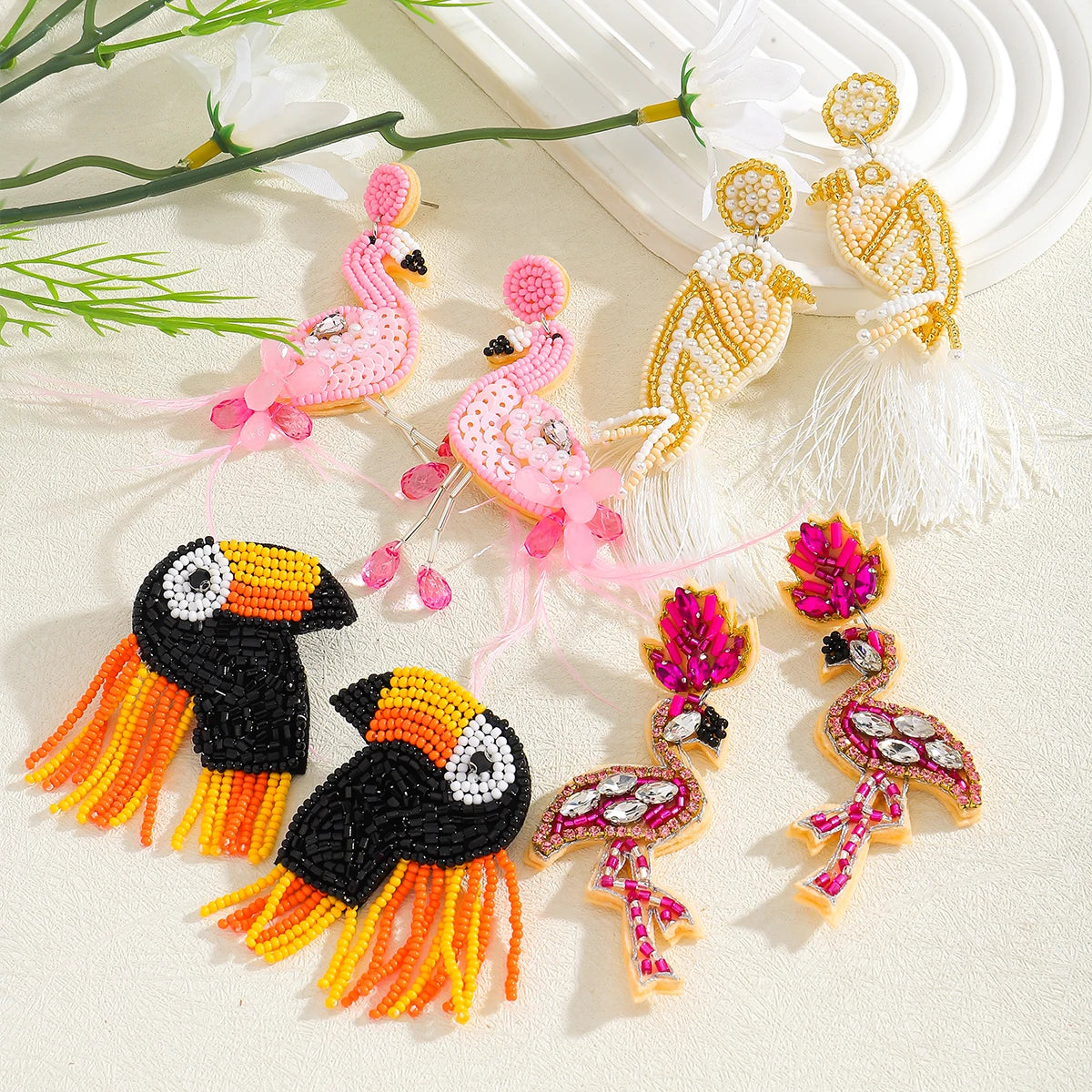 ZAA Exaggerated Rice Beads Bird Dangle Earrings For Women Bohemia Handmade Beaded Tassel Charm Earrings Orange Halloween Jewelry