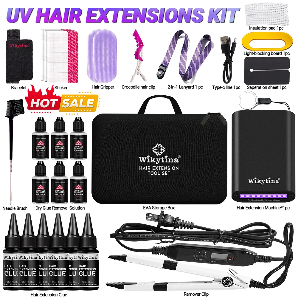 Professional UV Light Hair Extension Kit Complete Tool Set with UV Glue and Remover Machine - High-Quality Salon Styling Tools
