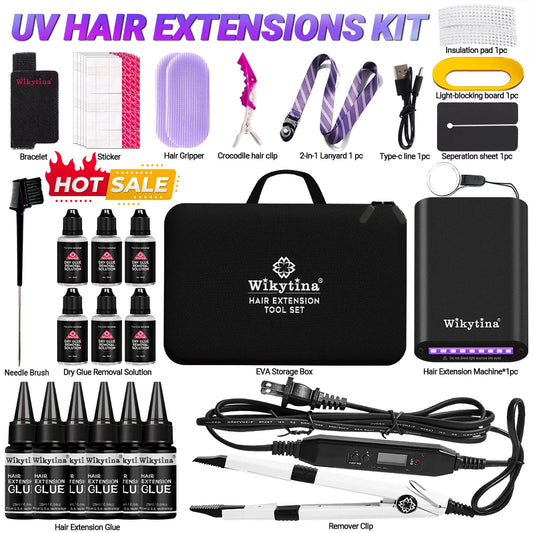 Professional UV Light Hair Extension Kit Complete Tool Set with UV Glue and Remover Machine - High-Quality Salon Styling Tools