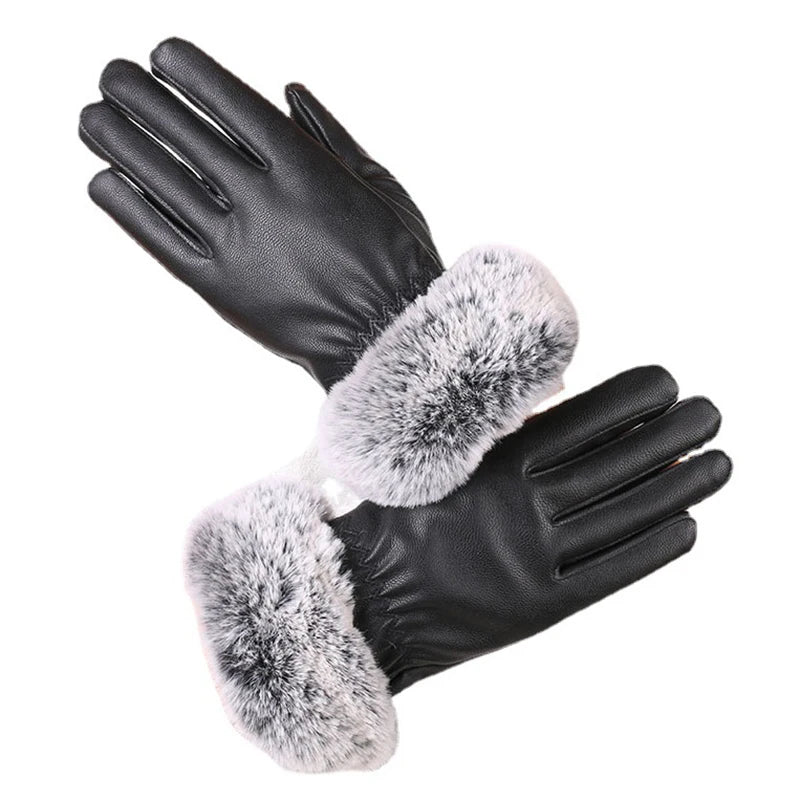 1 Pair Women Winter Warm Gloves Women Lady Black Leather Gloves Autumn Winter Warm Rabbit Fur Mittens Warmth Warmer Mittens