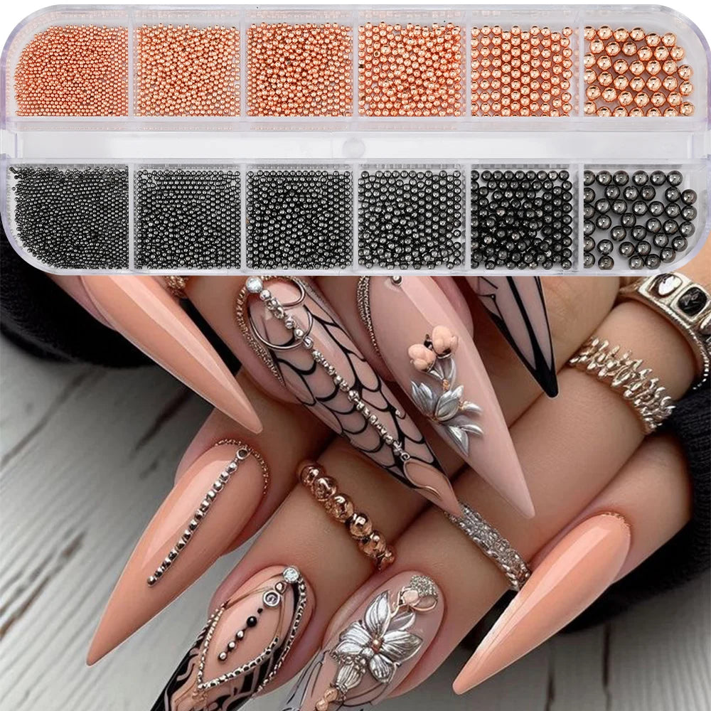 12 Grids 3D Golden Silvery Half Round Caviar Bead Nail Charms 1-5mm Flatback Micro Balls Punk Nail Beads DIY Manicure Beads Deco