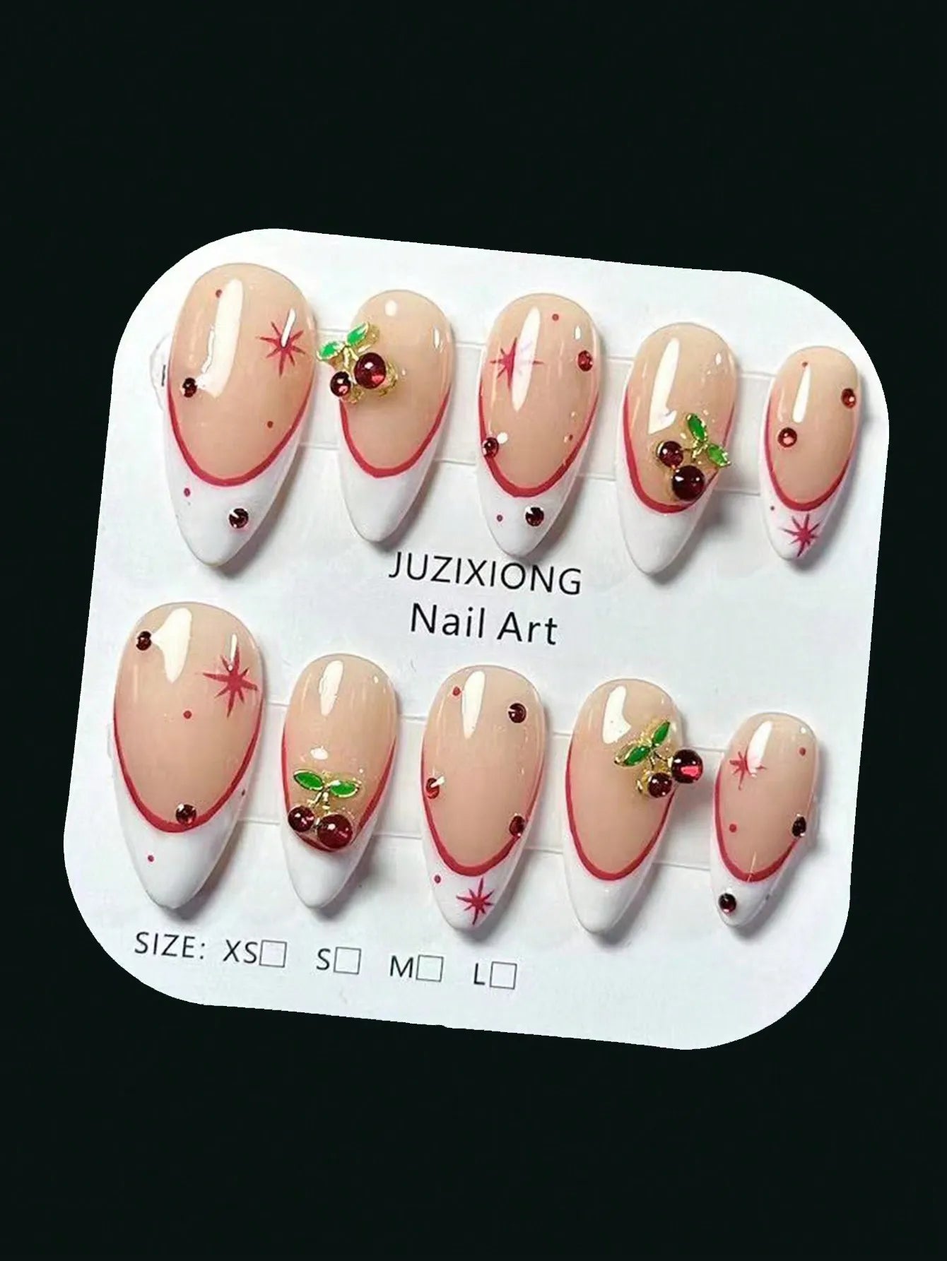 10 pieces of pure handmade almond-shaped nails, with white French tips and red cherry decorations. They are suitable for daily c