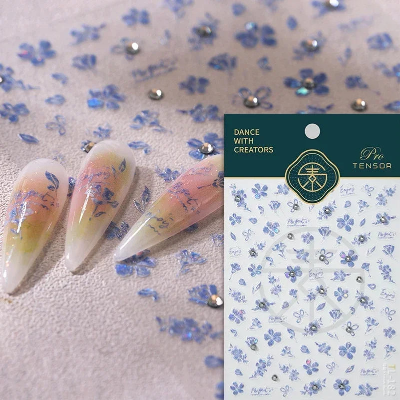 Yellow Autumn Osmanthus Flower Chrysanthemum Butterfly 5D Nail Art Sticker Chinese Character Vase Relief Adhesive Manicure Decal