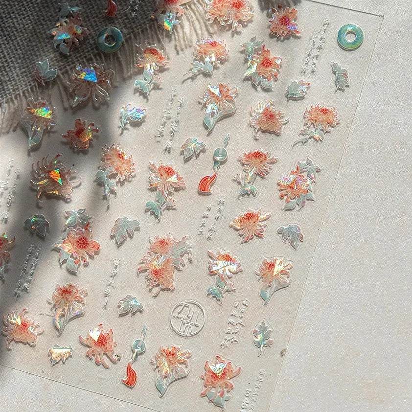 Yellow Autumn Osmanthus Flower Chrysanthemum Butterfly 5D Nail Art Sticker Chinese Character Vase Relief Adhesive Manicure Decal