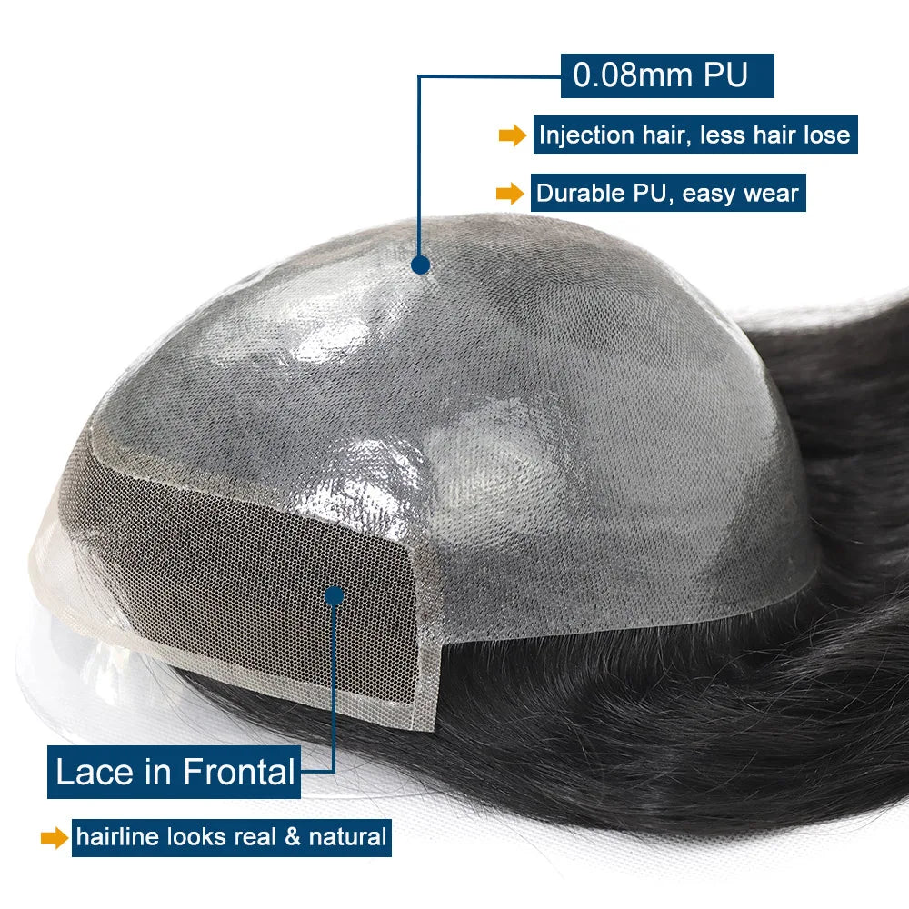 12Inch Long Hair Prosthesis Lace Front PU Toupee for Men Human Hair Natural Hairline Man's Wig Replacement System Black Brown