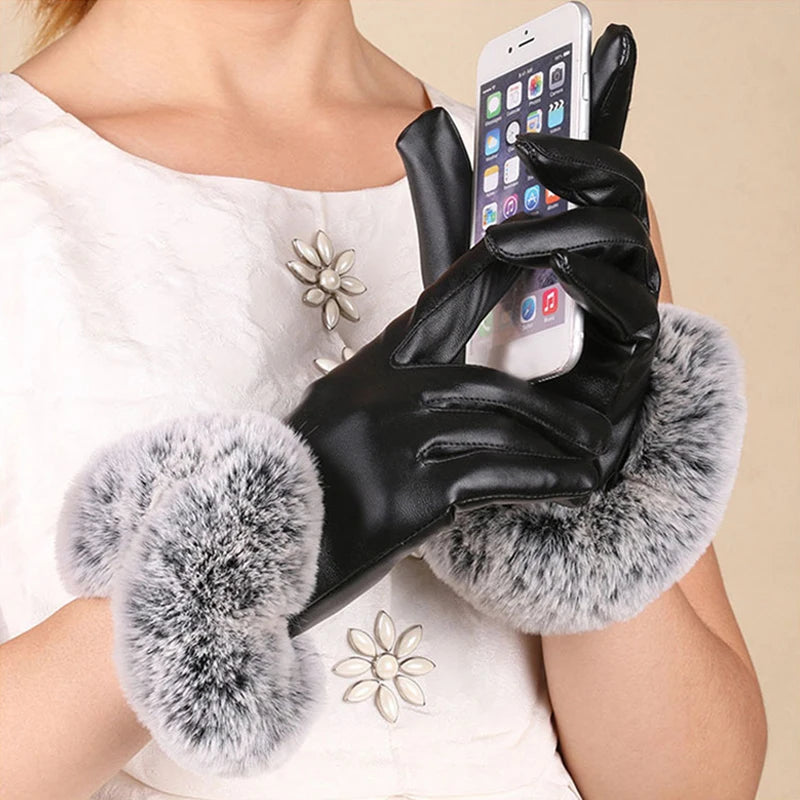 1 Pair Women Winter Warm Gloves Women Lady Black Leather Gloves Autumn Winter Warm Rabbit Fur Mittens Warmth Warmer Mittens