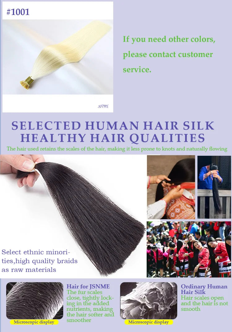 JSNME I Tip Hair Extensions Natural Real Human Fusion Capsule Keratin Hair Extensions Black Brown Blonde 1g/Strand  For Salon