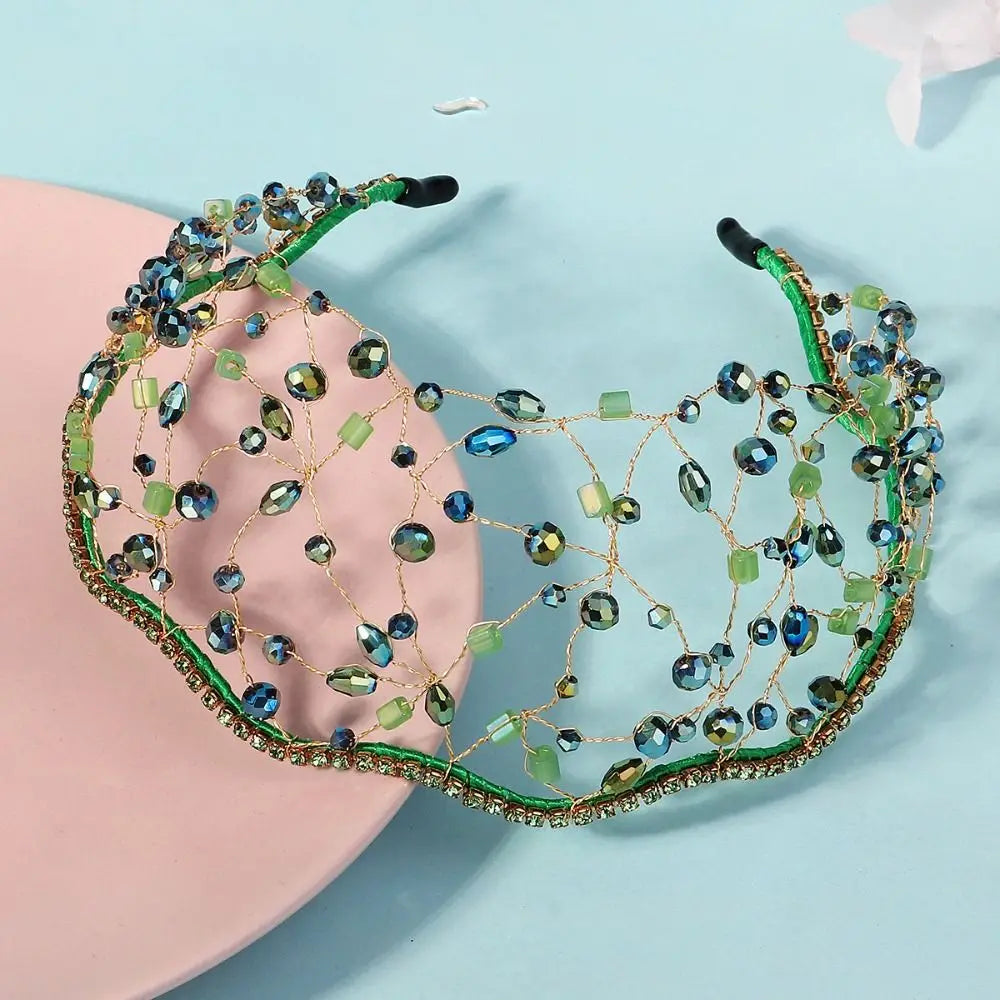 Handmade Crystal Beads Hair Net Crown Wedding Headpieces Hair Jewelry Sparkling Rhinestone Tiara Hair Hoop Elegant Headbands