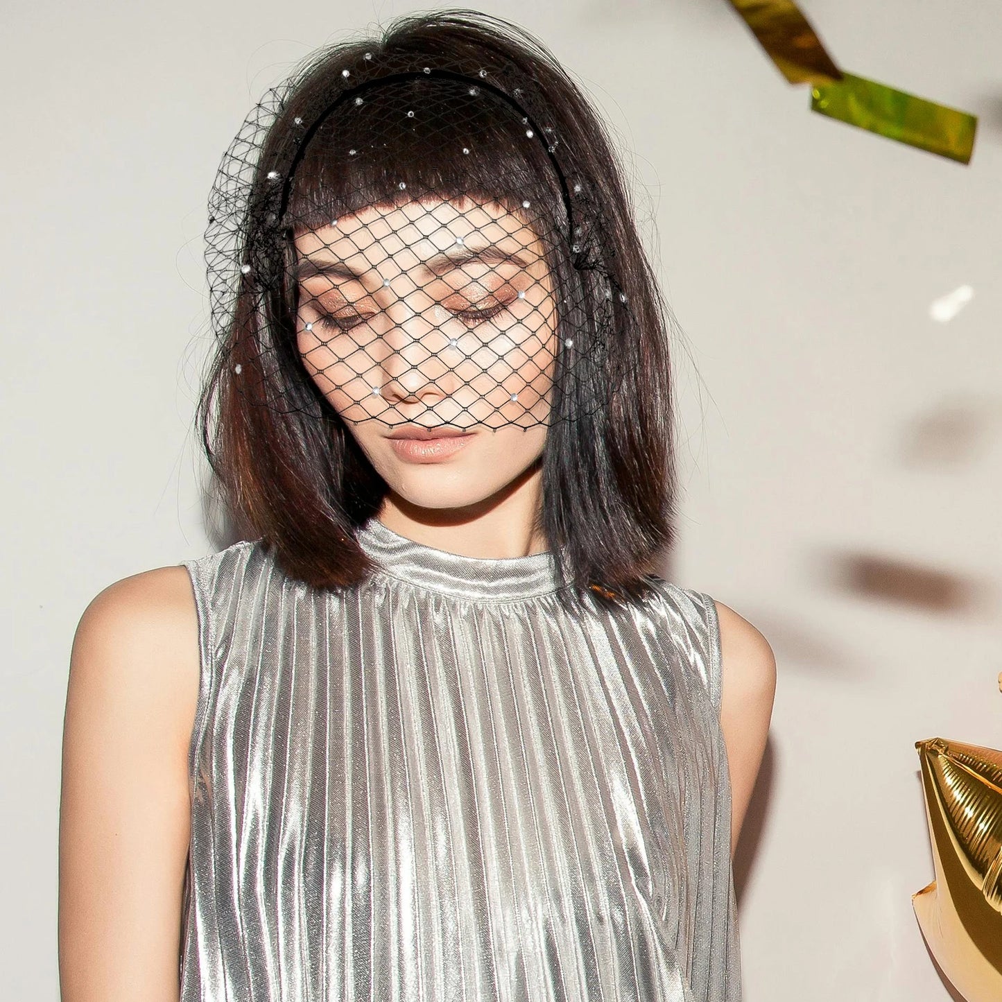 Headband Veil Fascinator - Black Mesh Birdcage Bridal Hair Accessory