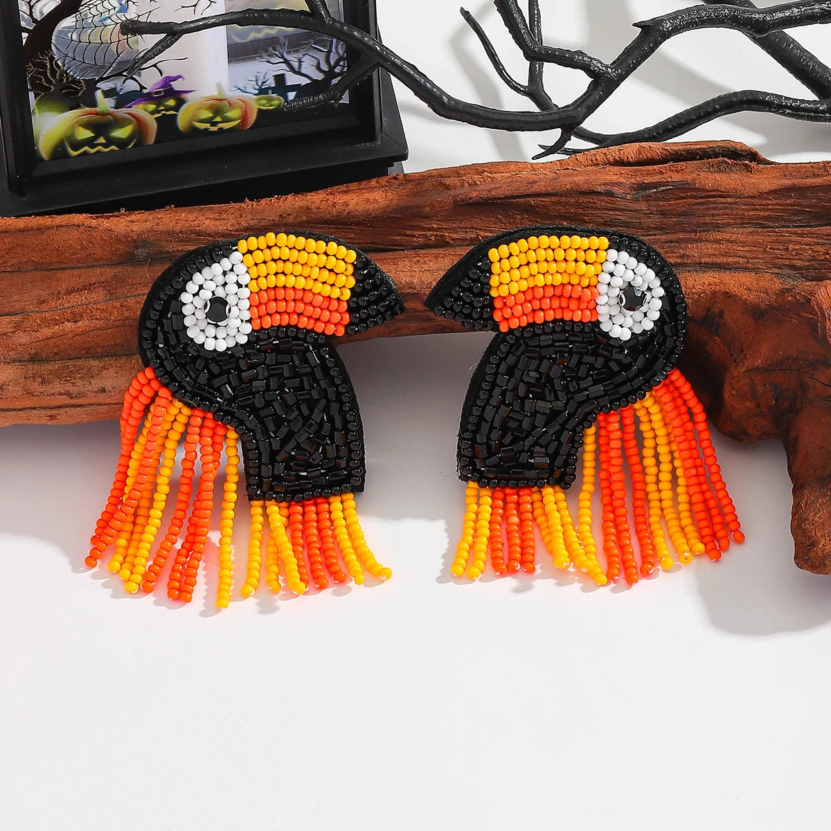 ZAA Exaggerated Rice Beads Bird Dangle Earrings For Women Bohemia Handmade Beaded Tassel Charm Earrings Orange Halloween Jewelry