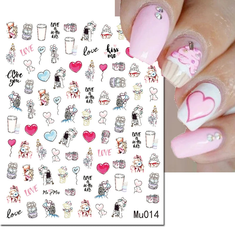 3d Pink Hearts Balloon Valentine Day Love Letters Nail Art Stickers Adhesive Sliders Nail Decals Decoration Manicure Accessories