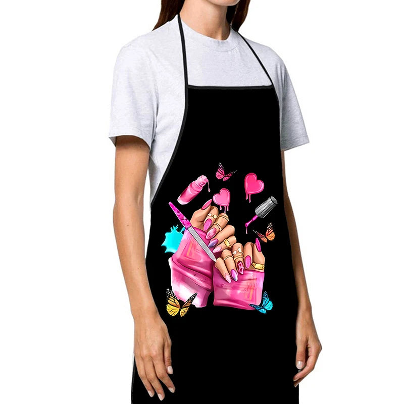 Nail Polish Printing Beauty Kitchen Women Apron Household Cleaning Pinafore Salon Home Cooking Baking Manicure Work Clothes