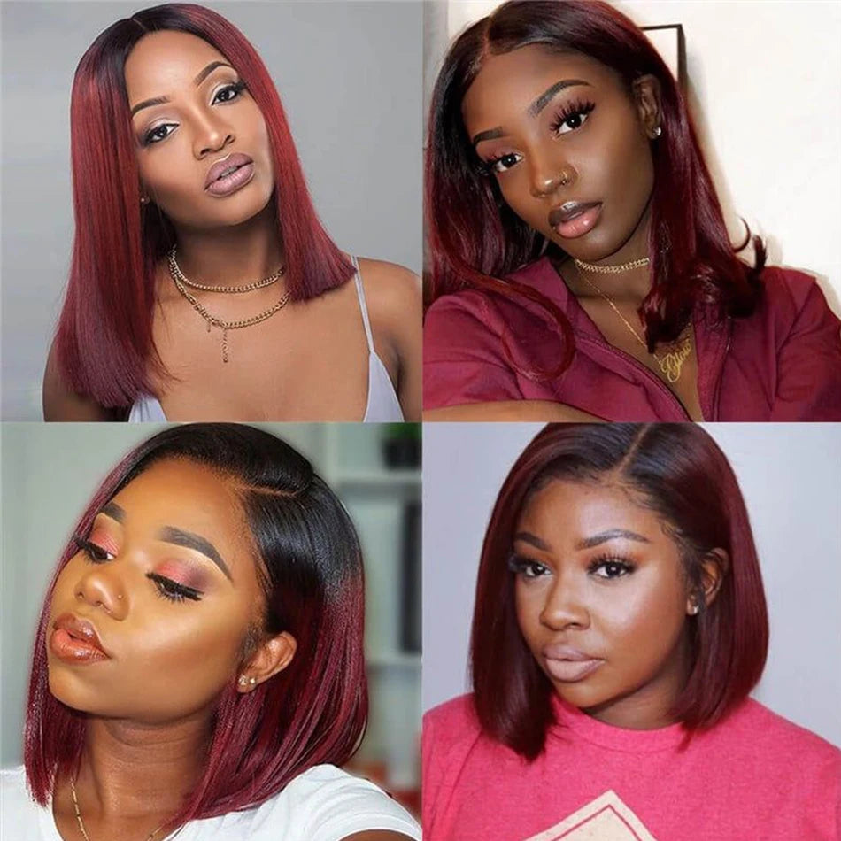 Bone Straight Short Bob Wig Human Hair Wigs For Women Burgundy 13X4 Lace Front Wigs 99J Bob Wig Brazilian Human Hair Pre Plucked